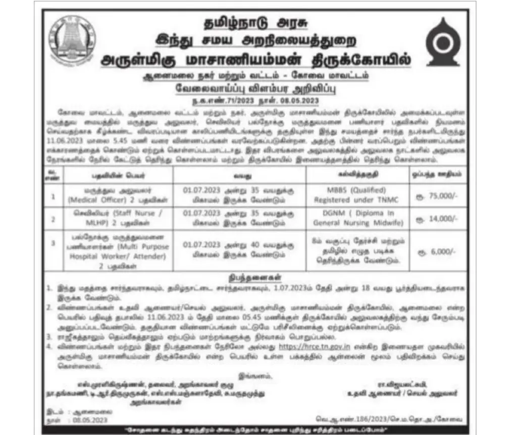 Arulmigu Masaniamman Temple Recruitment 2023 Apply Offline For 06 Medical Officer, Staff Nurse Vacancies Notification